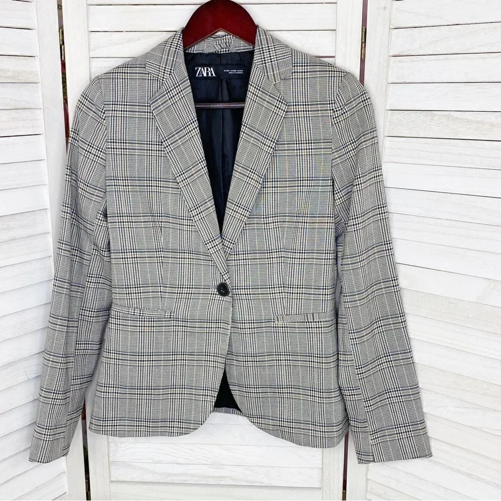 Zara Blazer Jacket Womens 2 Black‎ White Tan Single Breasted Lined Suit Button